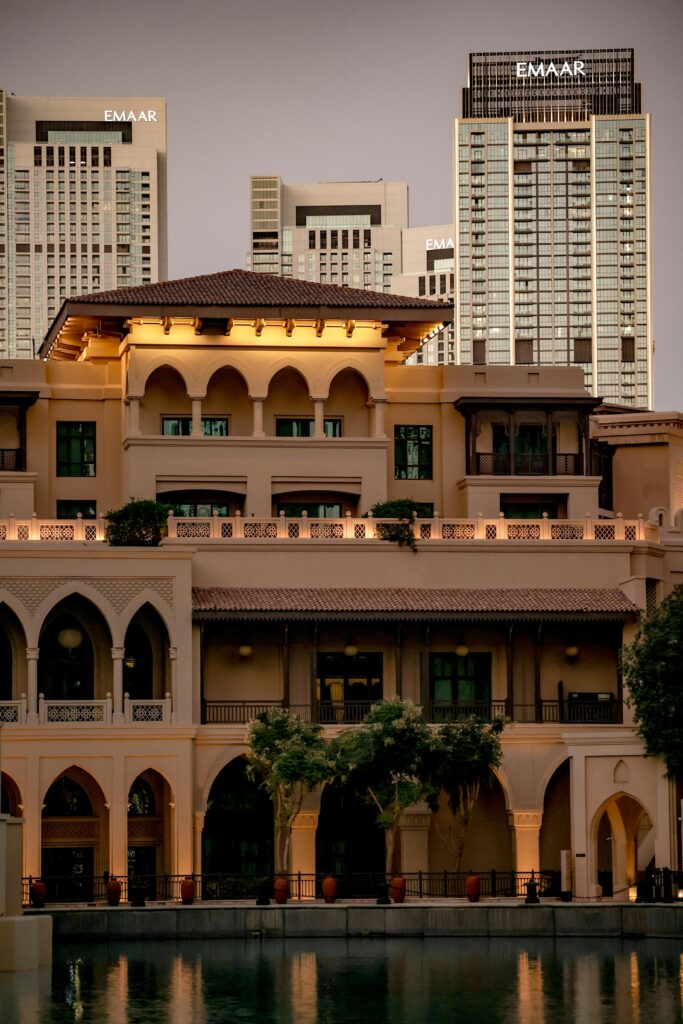 Beautiful architecture at twilight featuring modern and traditional elements in Dubai.